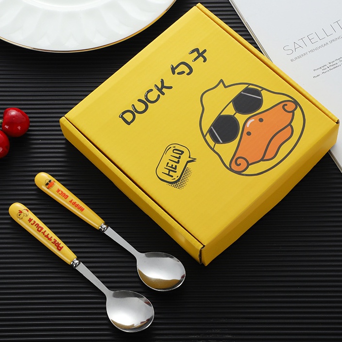 Hộp 6 chiếc thìa ăn cho bé, muỗng ăn đồ tráng miệng bằng thép không gỉ màu vàng hình vịt nhỏ
