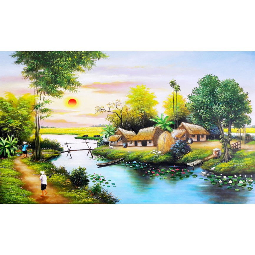 Tranh dán tường 3D phong cảnh làng quê Việt Nam