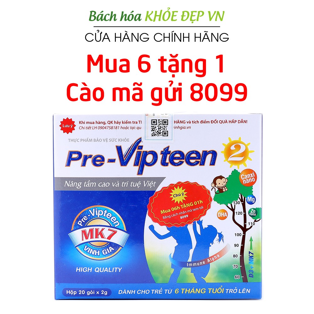 Pre Vipteen 2 bổ sung canxi, hỗ trợ phát triển chiều cao cho trẻ từ 6 tháng tuổi - Hộp 20 gói
