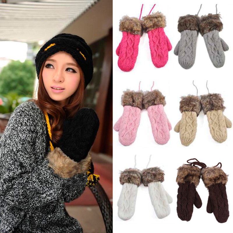 Đôi găng tay màu trơn chất liệu len dệt ấm áp cho nữ