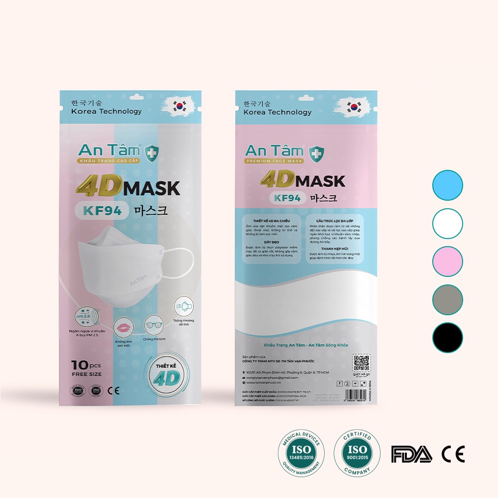 Túi 10 Cái Khẩu Trang 4 Lớp Kf94 Hàn Quốc An Tâm - Khẩu Trang Y Tế 4D Chống Bụi Mịn, Kháng Khuẩn An Toàn