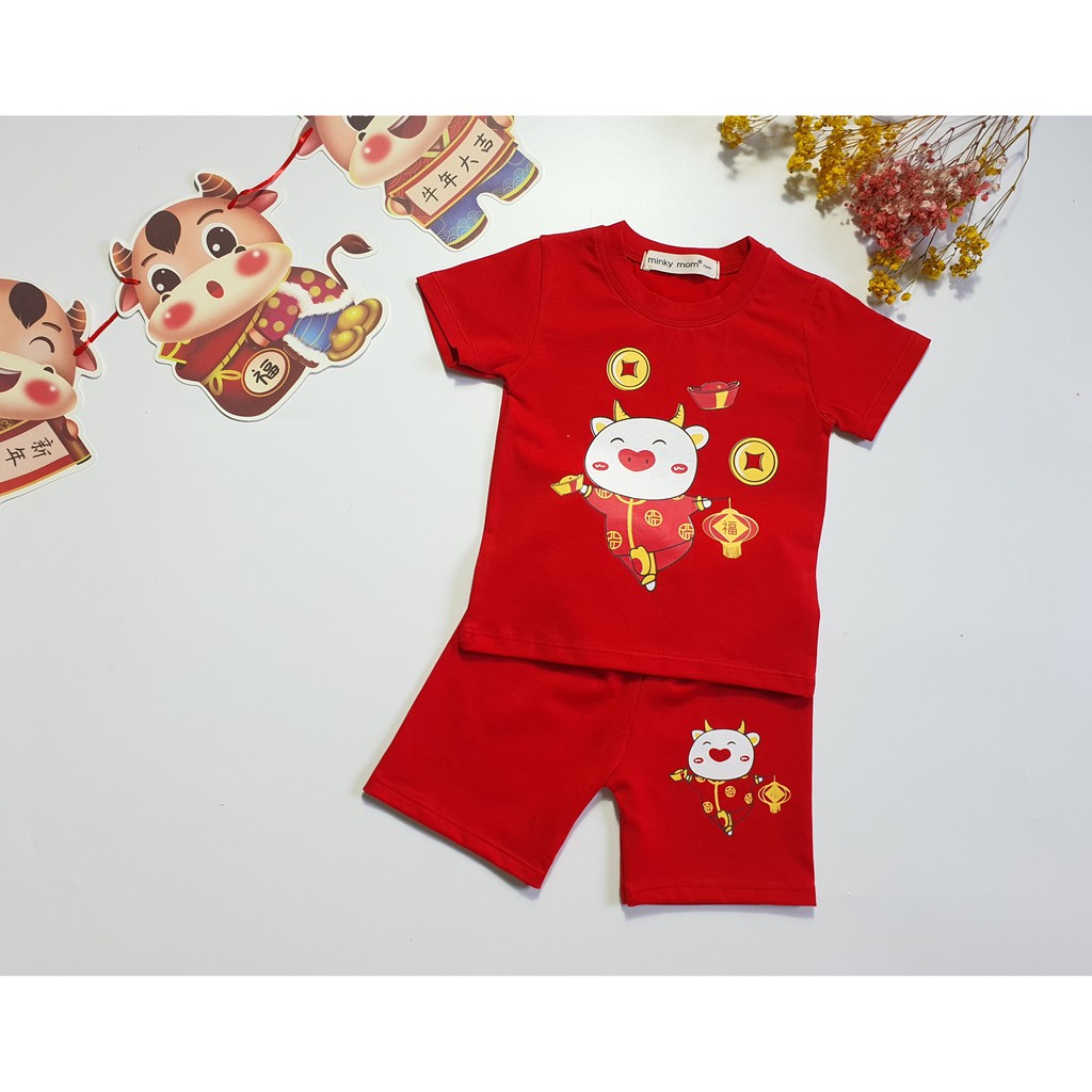 Bộ Ngắn Tay MINKY MOM COTTON 100% In Hình Trâu Tài Lộc Cho Bé