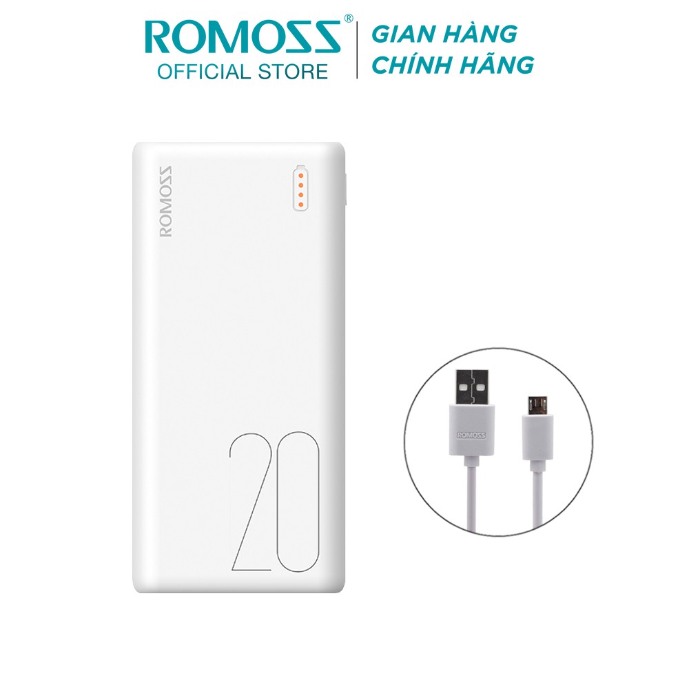 Pin sạc dự phòng Romoss Simple 20 20.000mAh nhỏ gọn hỗ trợ 3 cổng sạc vào input + Cáp sạc micro USB Romoss CB05 dài 1m