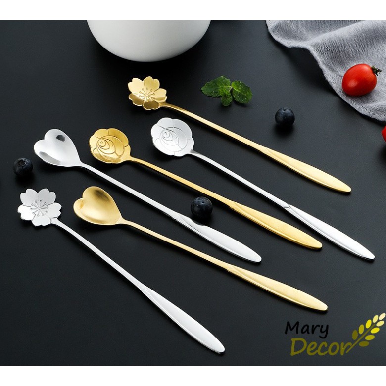 Set 4 cái muỗng/thìa cafe (cán dài) bằng thép không gỉ thiết kế độc đáo, hoa văn tinh tế, dụng cụ nhà bếp cao cấp