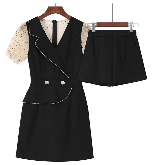 Set đầm 2 món bộ kiểu short đen bi vest công sở size M L Xl 2Xl