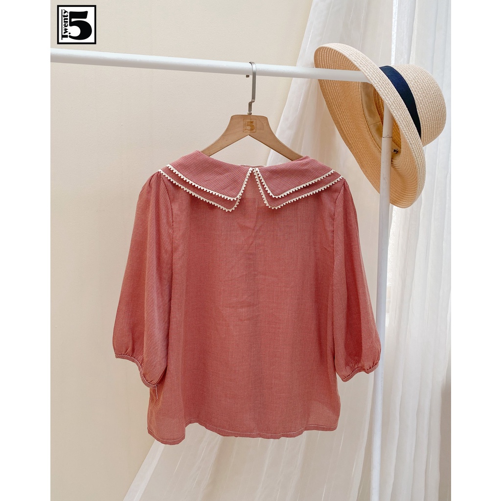 Áo sơ mi kẻ nữ, cổ sen nằm - ren hạt Twentyfive T1107