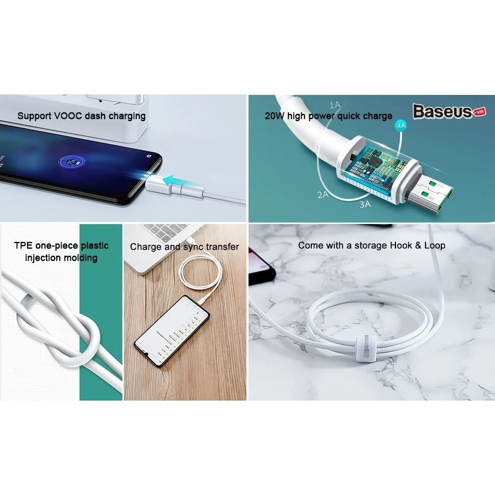 DÂY SẠC Baseus Mini White Cable cho Samsung Oppo Xiaomi..., kết nối Micro USB, sạc nhanh 4A 20V, dài 1m – Chính Hãng