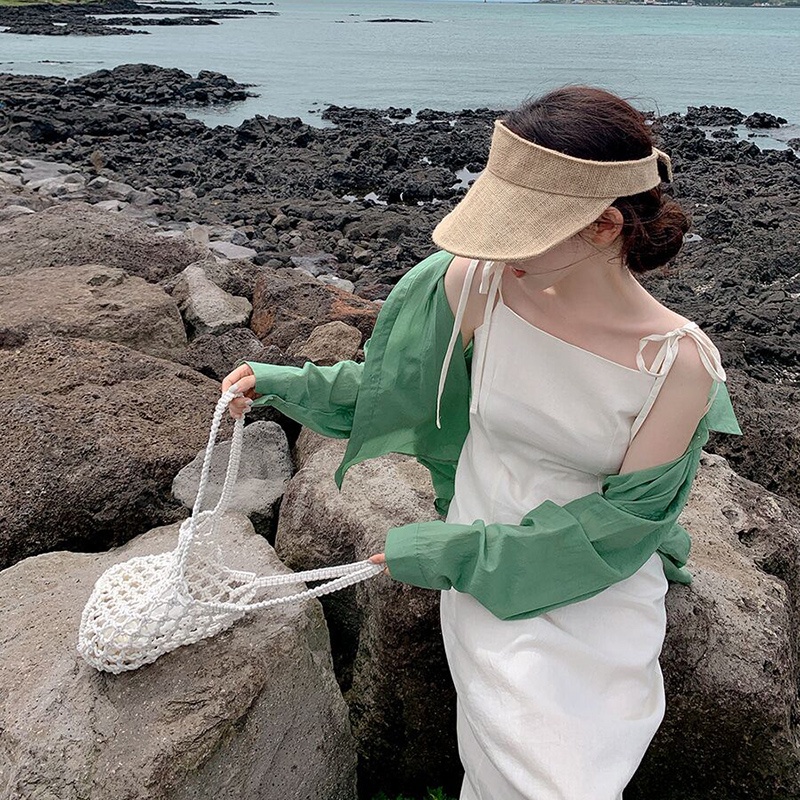 Trang phục peppermint 44982 áo sơ mi tay dài dáng rộng màu xanh lá cột dây/ đầm dài phong cách mới