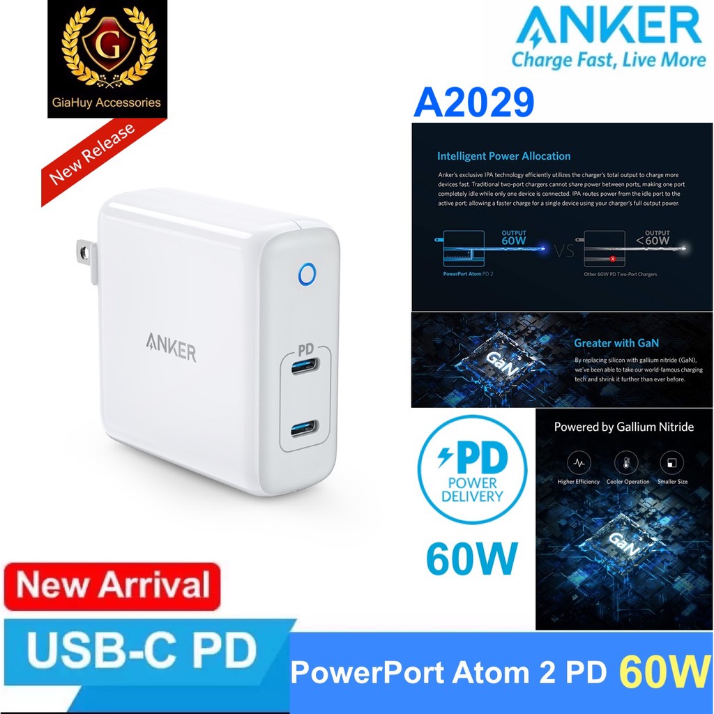 Củ sạc Macbook Pro, iPad Pro, iPhone 13 Series, S10, Note 9 ANKER A2029 PowerPort Atom PD 2 GaN Tech 60W