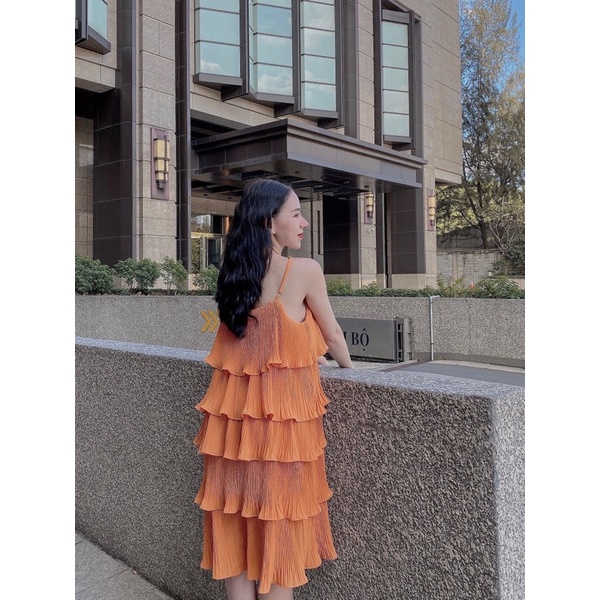 Váy maxi hai dây dập li bèo tầng 4 màu