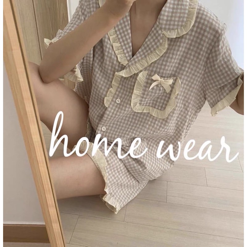 Bộ mặc nhà/ bộ ngủ/ set quần áo pijama cộc tay kẻ caro viền bèo(ảnh thật cuối)