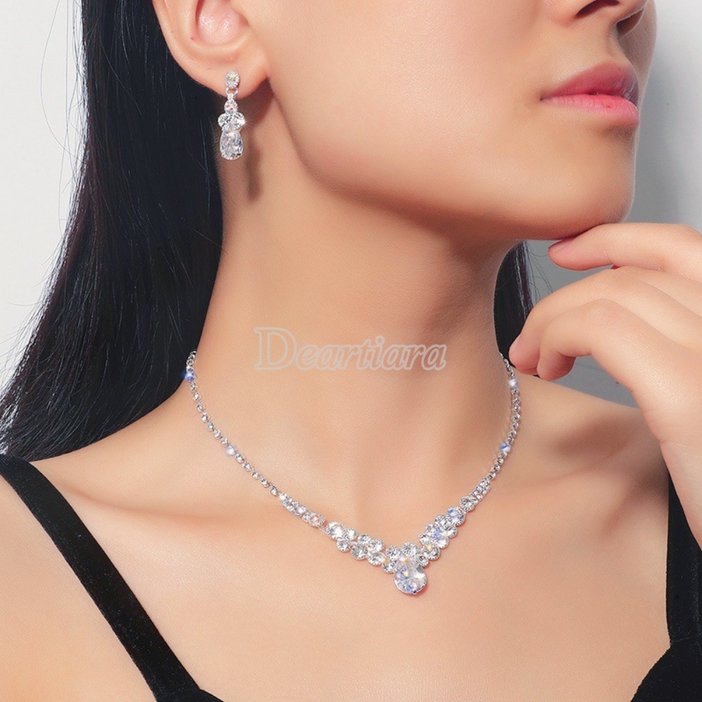 Bộ Vòng cổ + Bông Tai Đính Kim Cương Zircon Hình Giọt Nước Sáng Thời Trang