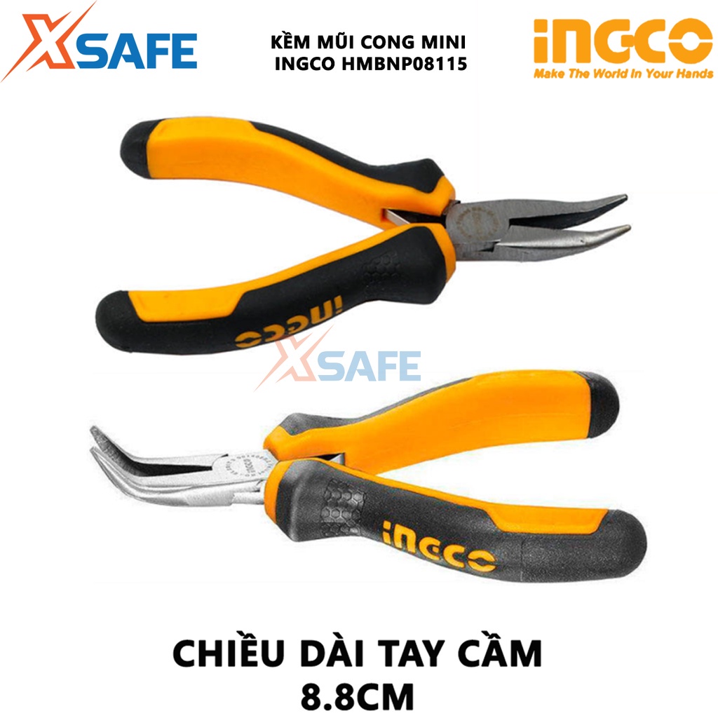 Kìm mũi cong mini INGCO HMBNP08115 Kềm mỏ cong đầu kềm chống gỉ được đánh bóng, tay cầm hai màu - XSAFE