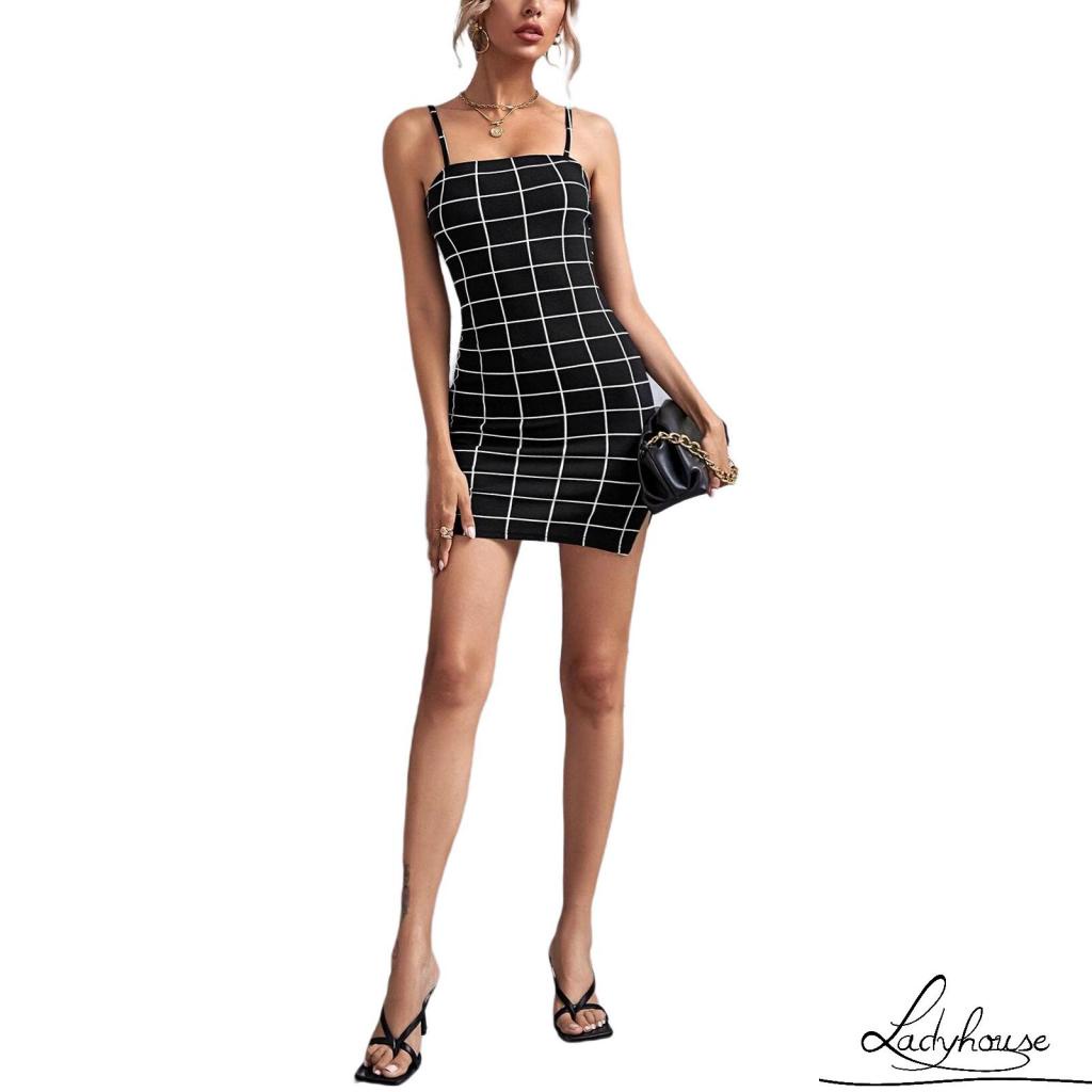 LD-Women’s Summer Sexy Suspender Dress Fashion Plaid Backless Tight-fitting Split Short Dress
