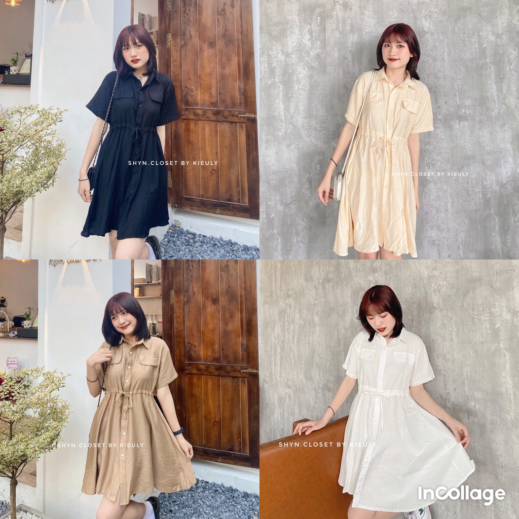 Váy sơ mi dáng xuông đũi mát . Đầm nữ babydoll cổ trụ 4 màu (Có sẵn)n