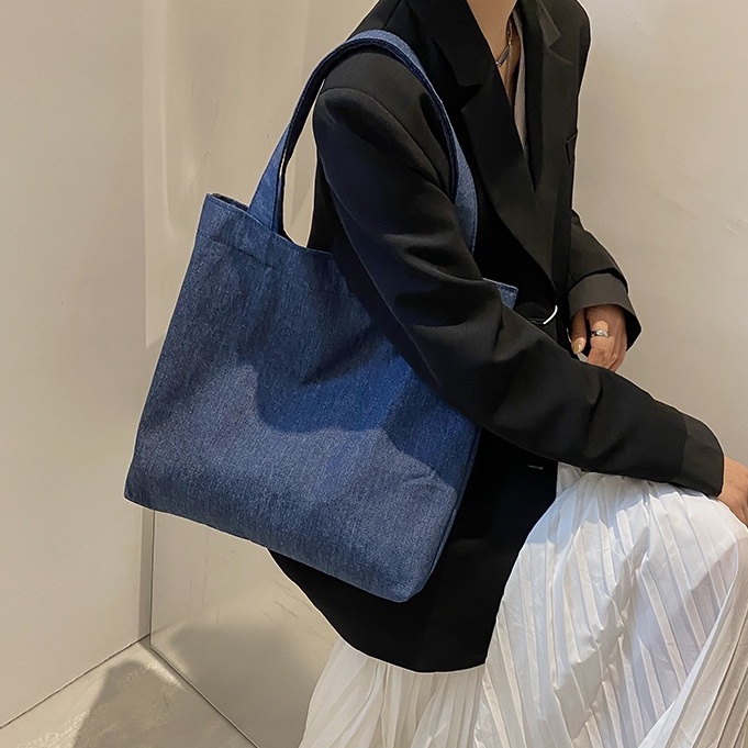 Túi Xách Vải Denim Đeo Vai Sức Chứa Lớn Màu Sắc Đơn Giản Thời Trang Retro Cho Nữ