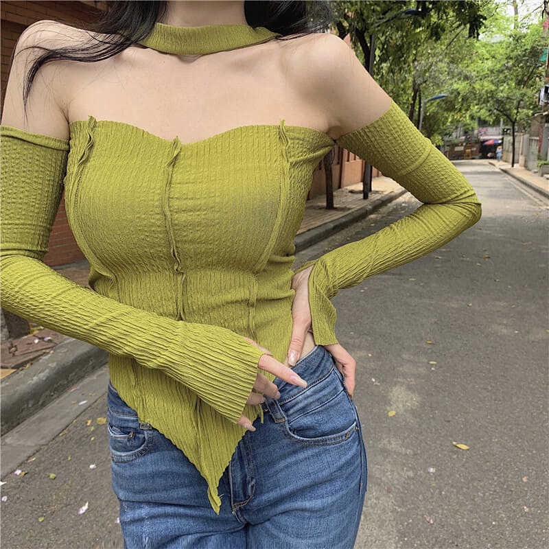 Áo Thun Tay Dài Dáng Ôm Hở Vai Màu Xanh Lá Phong Cách Hong Kong Quyến Rũ Cho Nữ | BigBuy360 - bigbuy360.vn