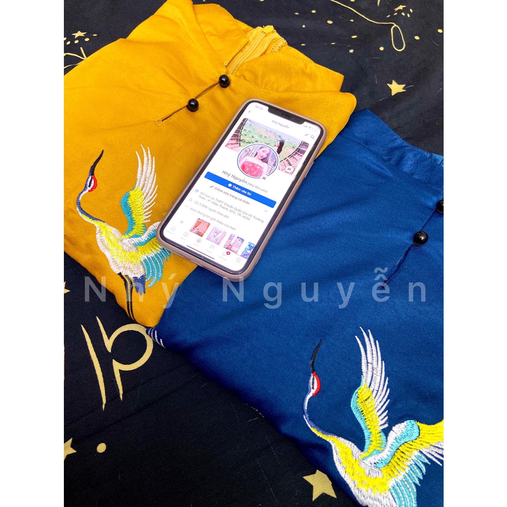 ( HCM ) Mẫu Phật Tử Thêu Hạc Chất Vải Cát Nhung MÀU XANH