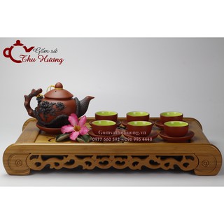 Bộ ấm chén Bát Tràng_Bộ bình trà gốm hoa văn đắp nổi đất đỏ
