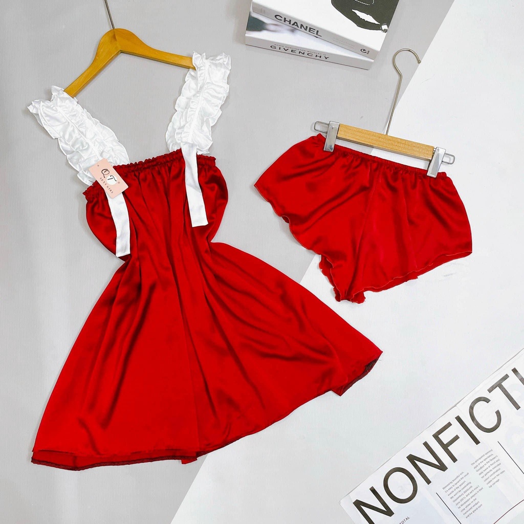 Đầm Ngủ 2 Dây Nhún Bèo Bigsize Lụa Lantin tặng kèm quần đùi