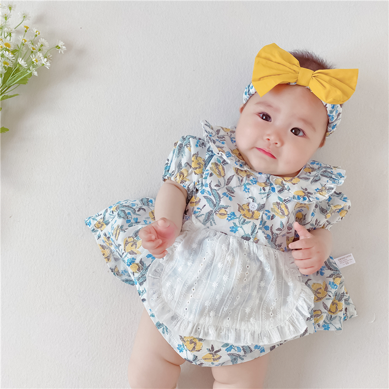 Bộ áo liền quần tay ngắn hoạ tiết hoa + băng đô cài tóc xinh xắn dành cho bé