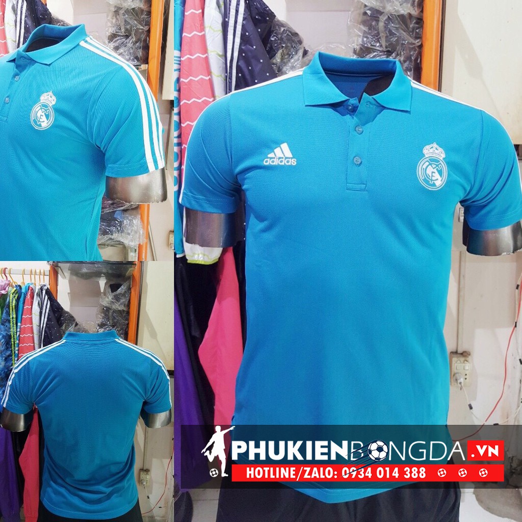 Áo thun polo REAL MADRID 2018 xanh ngọc, Áo polo REAL MADRID 2018 xanh ngọc