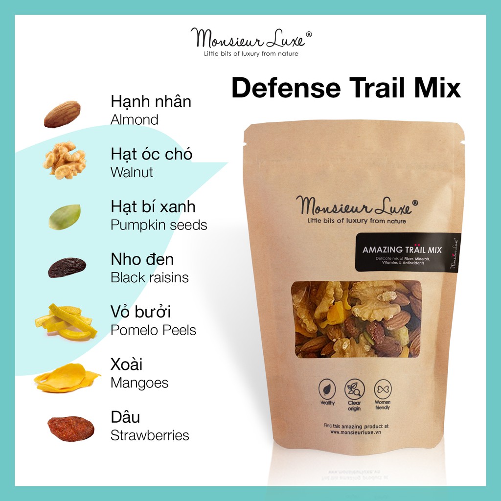 Hỗn hợp Hạt trái Luxe Tăng hệ miễn dịch (Defense TrailMix) 250g/500g - Ăn vặt Healthy Hạt Sấy lạnh và Trái cây khô