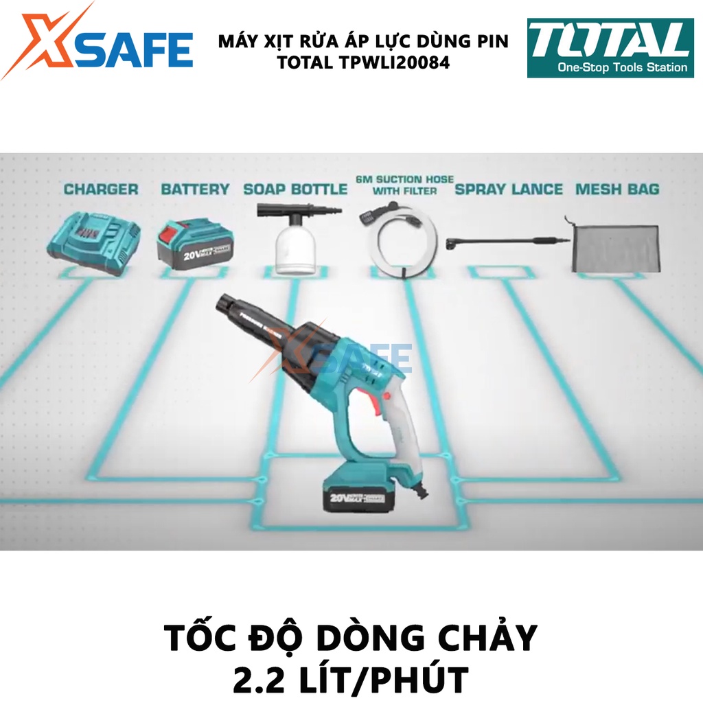 Máy xịt rửa xe cầm tay TOTAL TPWLI20084 Máy xịt rửa áp lực kèm 1 pin 4.0Ah, 1 sạc nhanh cùng nhiều phụ kiện hỗ trợ