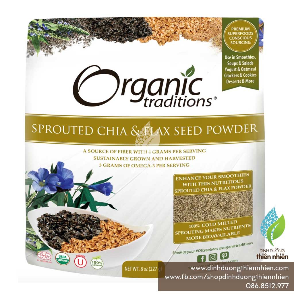 Bột Hạt Chia & Hạt Lanh Hữu Cơ Đã Nảy Mầm Organic Traditions Sprouted Flax seeds & Chia Powder, 227g