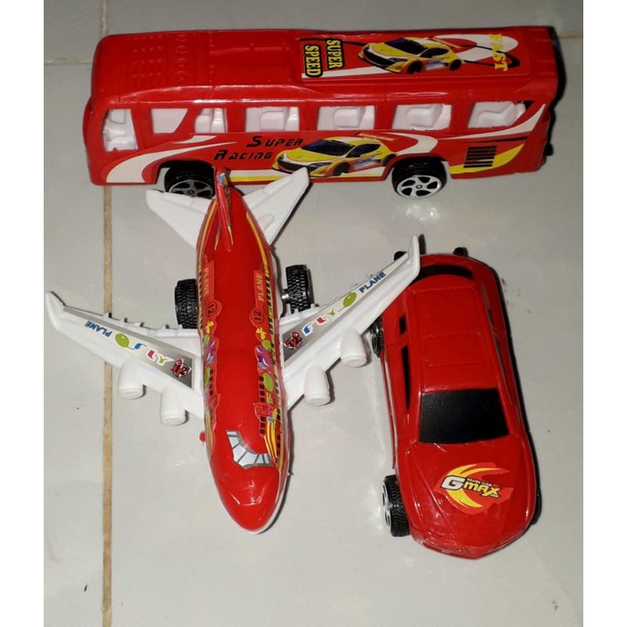 Sét 3 chiếc mô hình xe+máy bay+tàu bằng nhựa chạy chớn mini