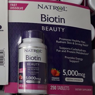 Viên ngậm giúp mọc tóc Natrol Biotin Beauty 5,000mcg Extra Strength Fast Dissolve 250 viên