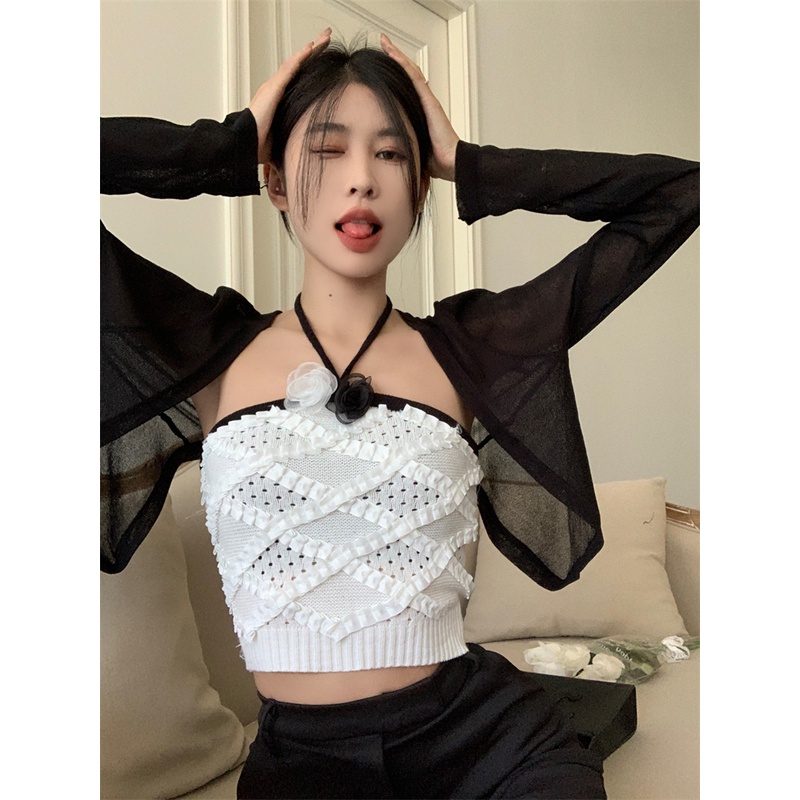 HUANG YOYO Bộ Trang Phục Hai Mảnh Gồm Áo Hai Dây Dệt Kim Dáng Ngắn Phong Cách Thời Trang Hàn Quốc Cho Nữ