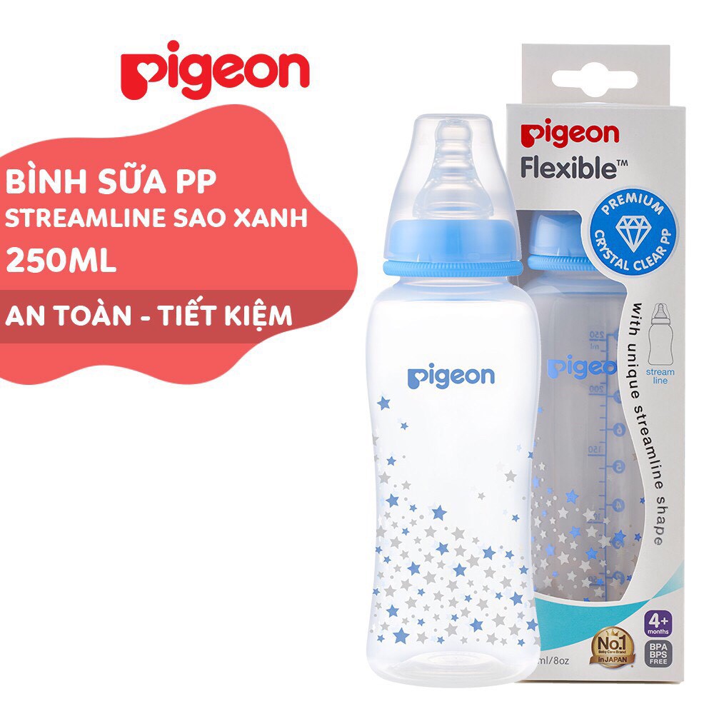 Bình sữa cổ hẹp PP Streamline hình ngôi sao hồng/xanh Pigeon 250ml (M)