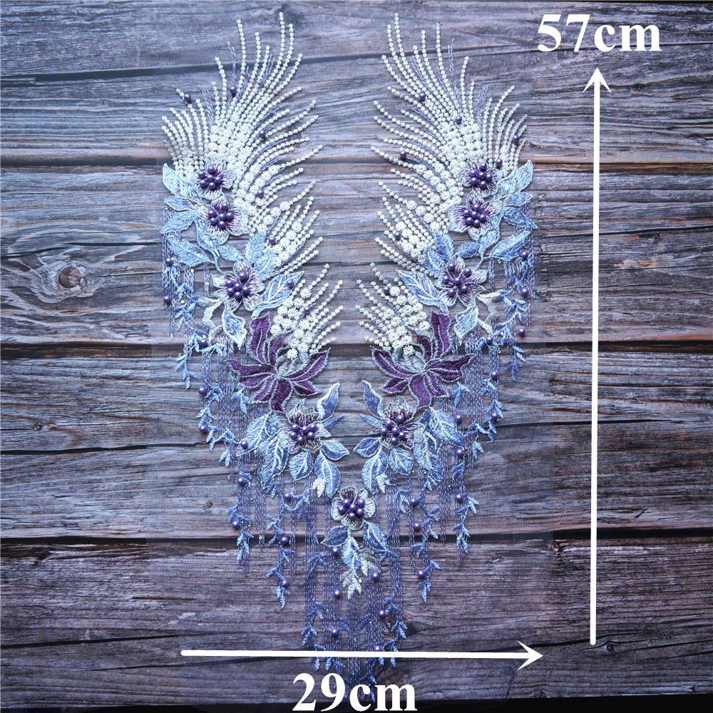 Miếng Vải Ren Thêu Hoa Màu Tím Đính Hạt May Cổ Áo Cưới diy