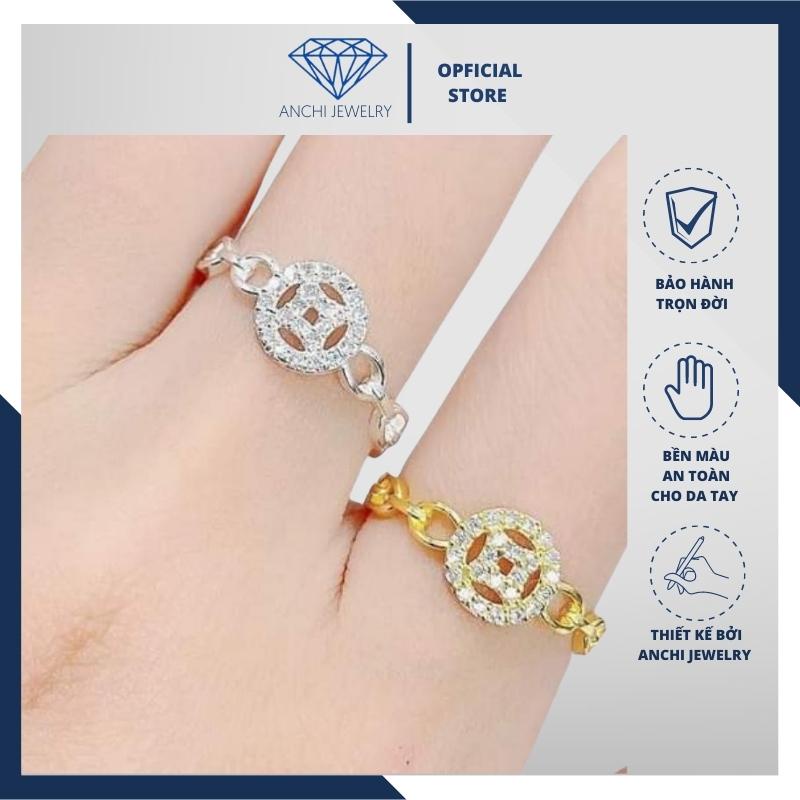 Nhẫn kim tiền chữ vạn đính đá, chuẩn bạc mạ vàng - Anchi jewelry