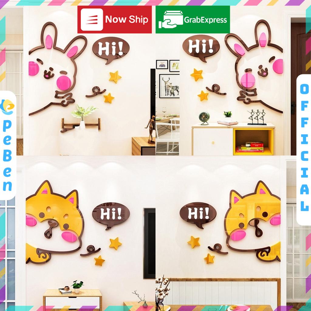 Tranh mica dán tường - Thỏ Con, cún con Hi trang trí cửa ra vào, cửa hàng, quán ăn, địa điểm kinh doanh
