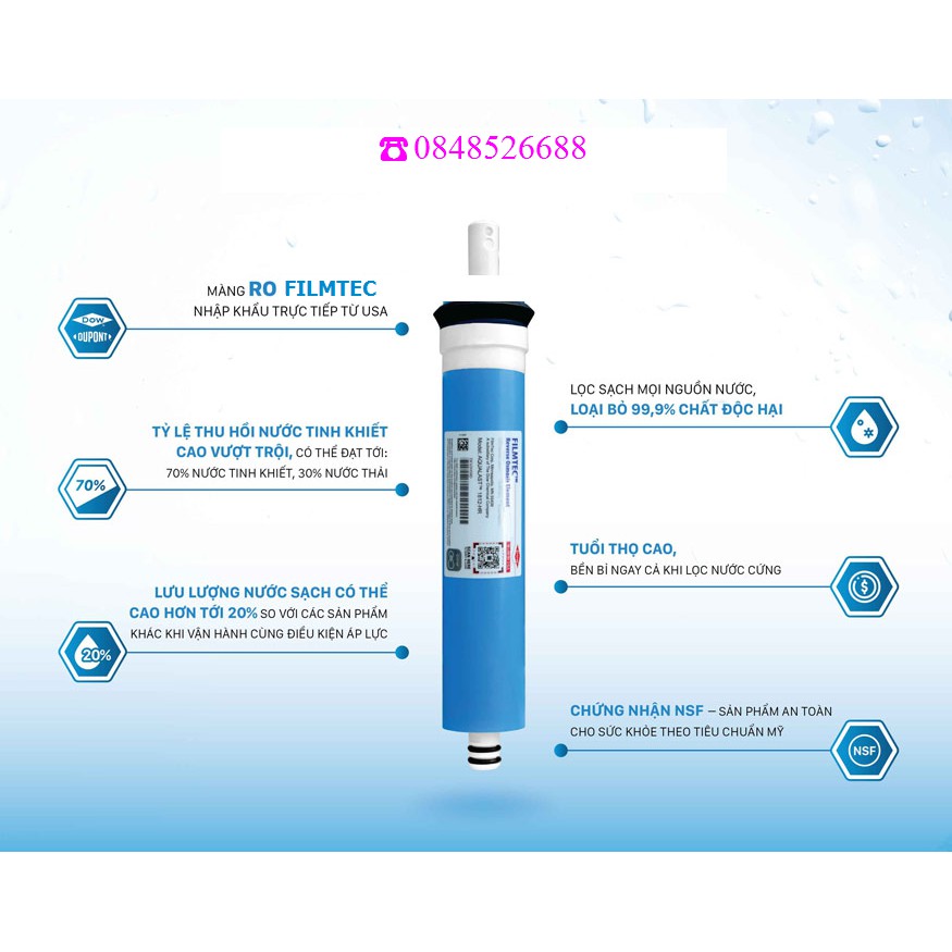 Lõi lọc nước số 4 Karofi- Màng RO Filmtec TW30-1812-50HR- RO 100GPD Hàn Quốc- RO PURIFIM USA