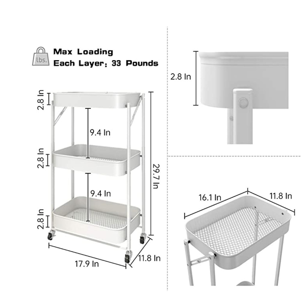 Xe đẩy nhà bếp gấp 3 tầng xếp gọn có bánh xe màu trắng và bạc hà.