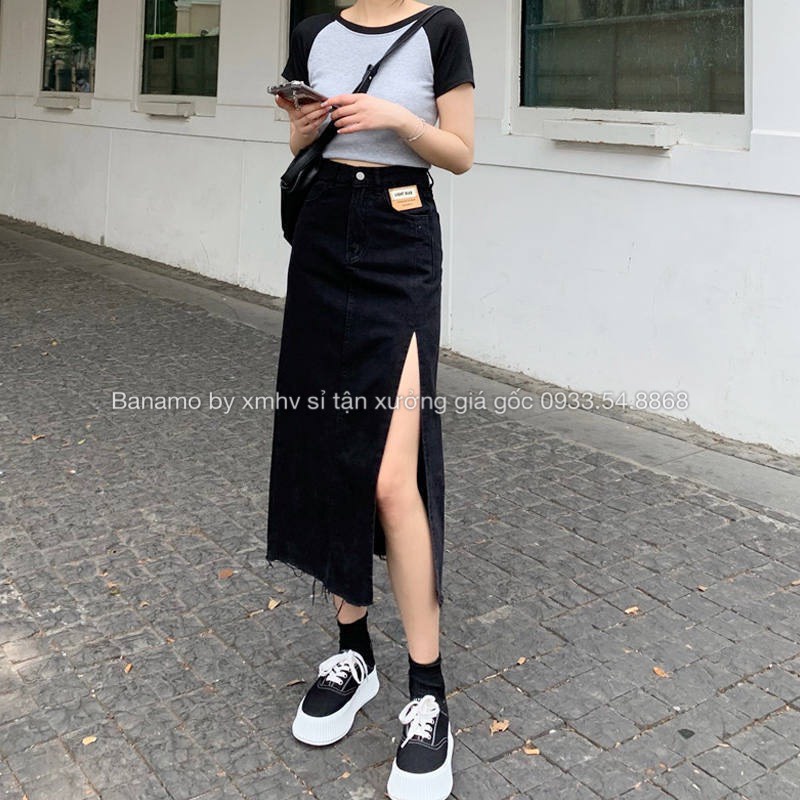 Chân váy jean xẻ đùi  Banamo Fashion chân váy bò xẻ tà dáng dài cạp cao phong cách Ulzzang 564