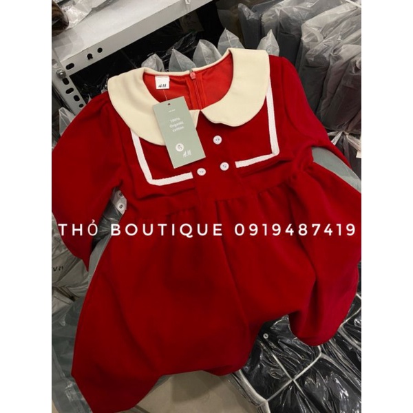 Đầm bé gái H&M KIDS xuất xịn xoè nhung đỏ cổ sen trắng tay ngắn tay dài size 8
