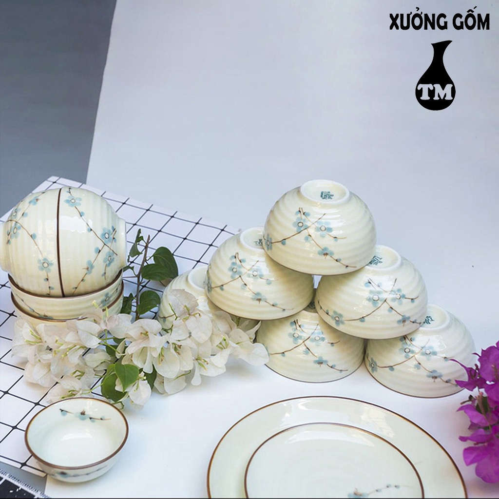 Bộ 06 Bát Chén Ăn Cơm Men Kem Hoa Đào Xanh Vẽ Tay Xưởng Gốm TM Bát Tràng