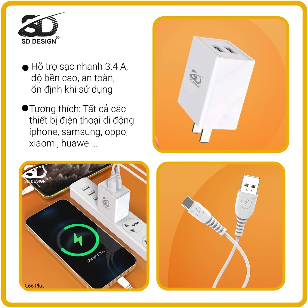 Bộ sạc nhanh C66 Plus 2 Cổng sạc Usb chính hãng SD DESIGN sạc nhanh an toàn cho điện thoại iphone, samsung, oppo, xiaomi