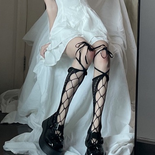 Vớ lưới phối dây buộc chéo thắt nơ ngọt ngào phong cách lolita Harajuku Gothic Nhật cho nữ