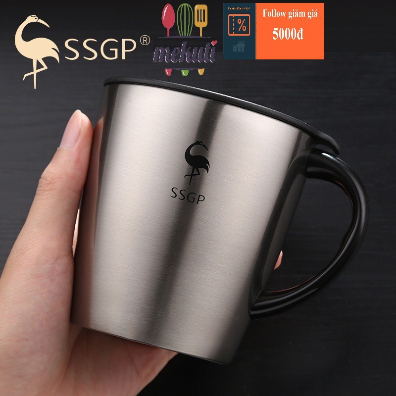 Cốc giữ nhiệt cafe inox 304 có tay cầm có nắp 330 ml coffee mug phong cách châu âu