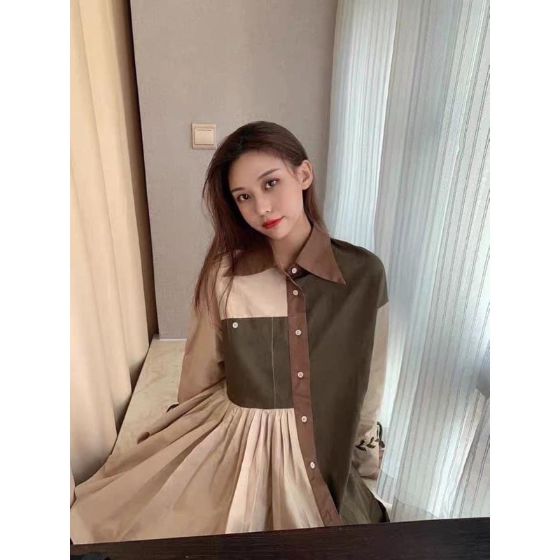 Áo sơ mi phối màu dáng váy giấu quần phom suông rộng dài tay dành cho nữ chất, cá tính thời trang phong cách Ulzzang Hàn | BigBuy360 - bigbuy360.vn