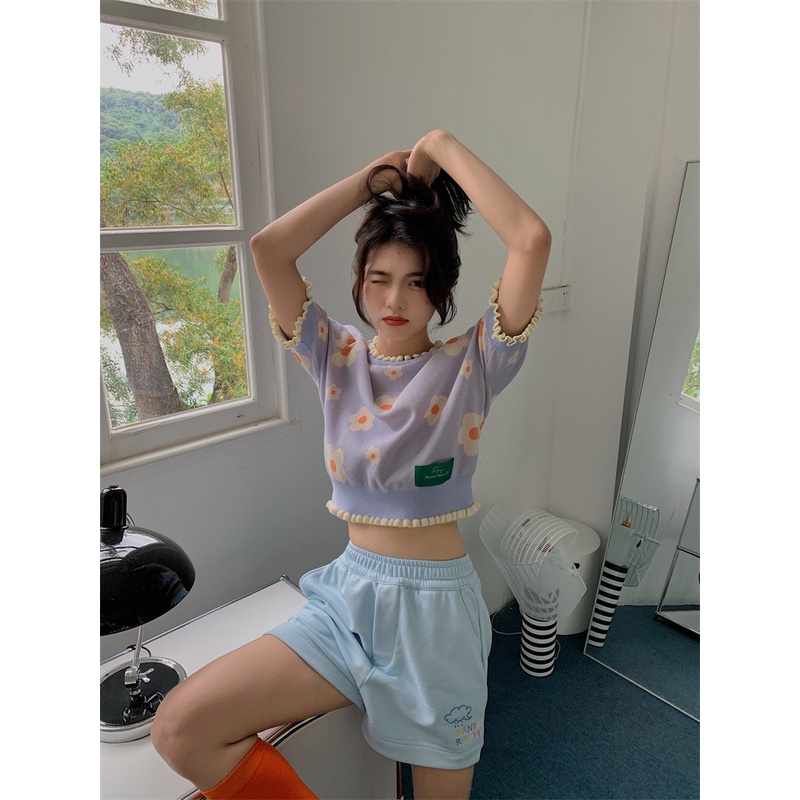 Xiaozhainv Áo Croptop Dệt Kim Ngắn Tay In Hoa Độc Đáo Thời Trang Mùa Hè Cho Nữ