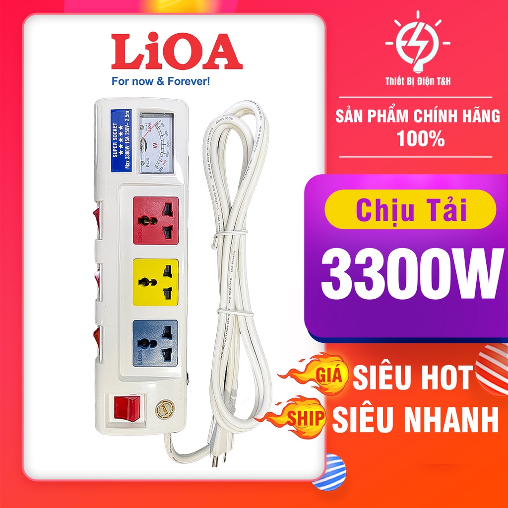 Ổ cắm điện công suất lớn, đo công suất, cao cấp, LIOA, 3 ổ cắm, 3 công tắc, 3OFSSA2.5-2