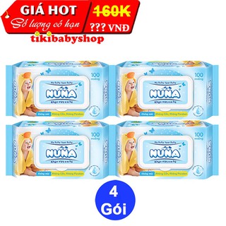 COMBO 4 GÓI KHĂN ƯỚT NUNA 100 MIẾNG KHÔNG MÙI HƯƠNG