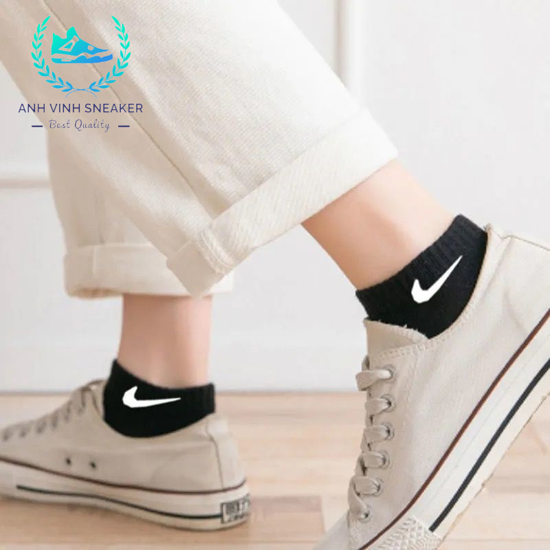Tất nike cổ ngắn nam nữ đen trắng vớ thể thao cổ thấp hộp 5 đôi cao cấp