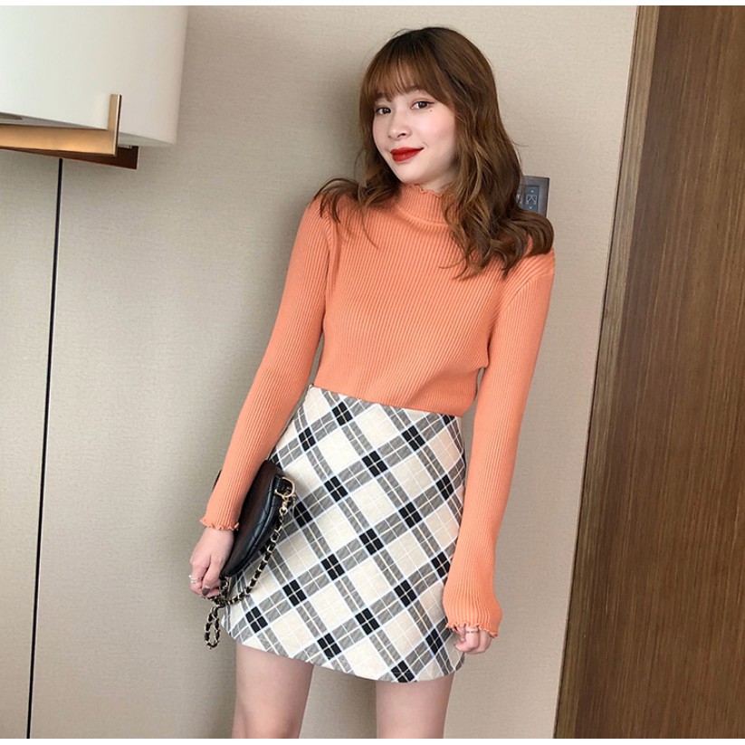 Áo sweater dệt kim màu trơn tay dài xinh xắn cho nữ